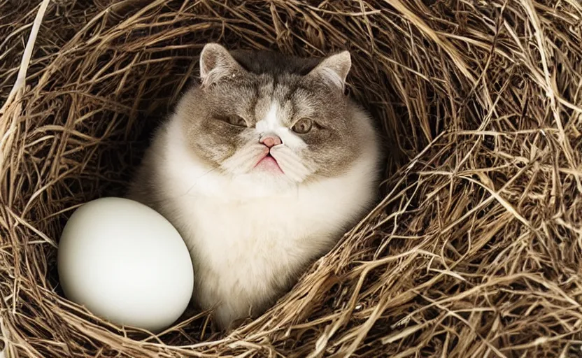 Prompt: david attenborough in a nest of eggs, exotic shorthair cat, mother cat, national geographic, strange, photorealistic