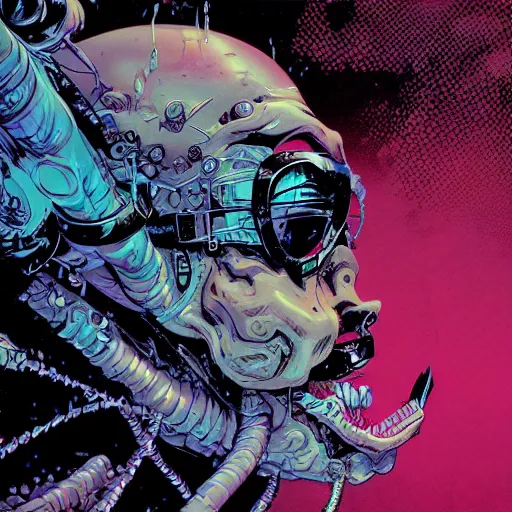 Image similar to closeup of face melting in agony, inside dark oil, frontal picture, by masamune shirow, josan gonzales and dan mumford