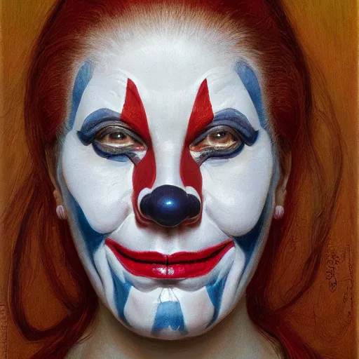 Prompt: portrait of a woman with a painted wood mask, clown pattern, by donato giancola.