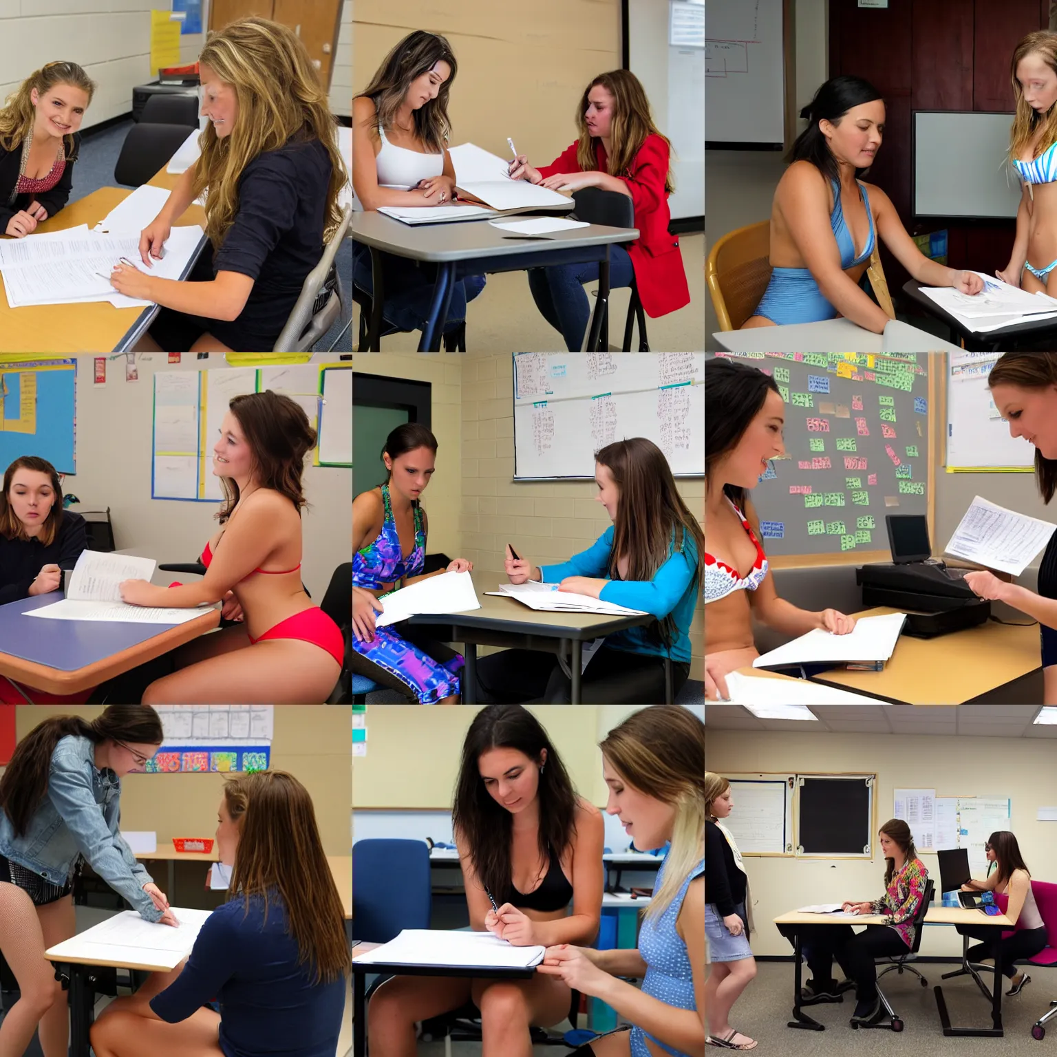 Prompt: chloe morentz grace in bikini handing an exam to an adult student in a college classroom
