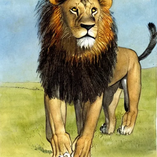 Prompt: jerry pinkney illustration of a lion