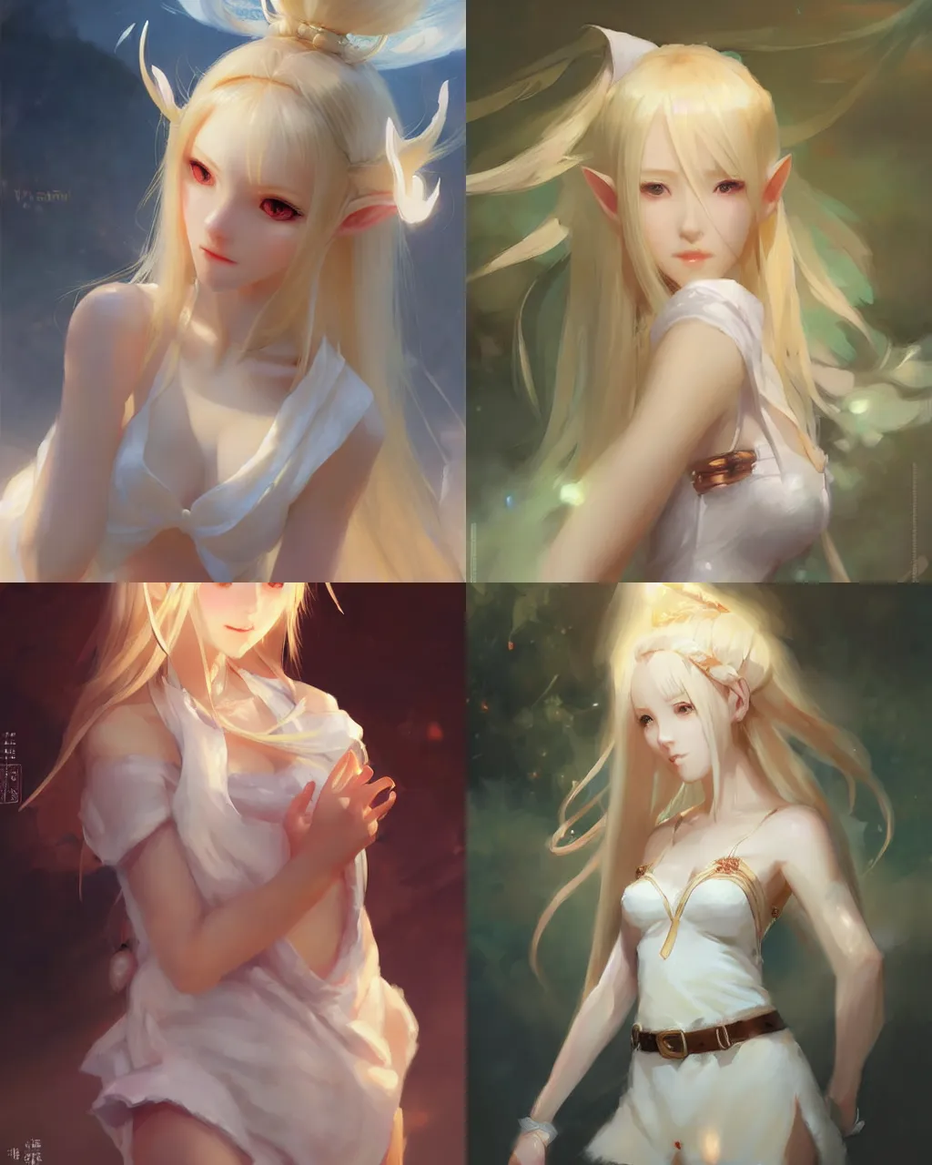 Prompt: elf girl with blonde hair and white dress, oriental face, half - length photo, soft lighting, by wenjun lin an krenz cushart, wide angle