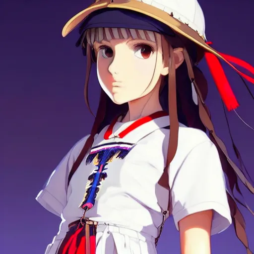 Image similar to a beautiful! boyish! natalie portman model, wearing catholic school girl outfit with mayan pattern and native style, aztec street fashion, guilty gear art direction, gapmoe yandere grimdark, trending on pixiv fanbox, painted by greg rutkowski makoto shinkai takashi takeuchi studio ghibli, akihiko yoshida