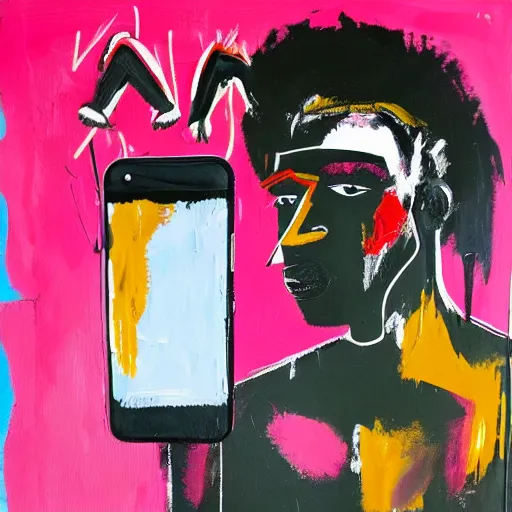 Prompt: A mirror selfie of a black handsome muscular man with white angel wings and black devil horns holding an iPhone, pitchfork, pink background, abstract jean-Michel Basquiat oil painting with thick paint strokes, oil on canvas, detailed