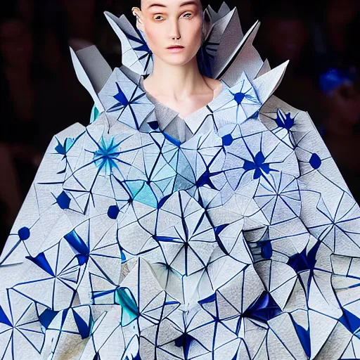 Image similar to portrait of a beautiful model wearing origami themed paper flower and geometric shapes haute couture by issey miyake