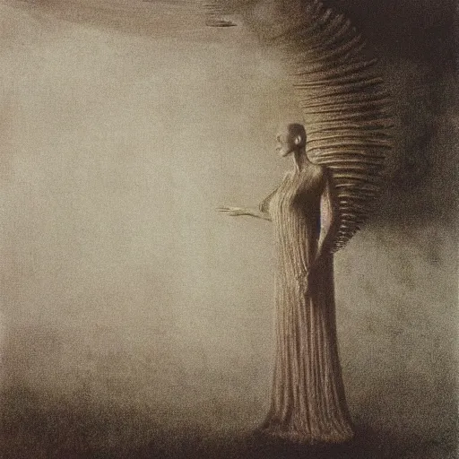 Image similar to Audrey Hepburn a Baron Harkonnen floating in the air in a large empty chamber Giger beksiński