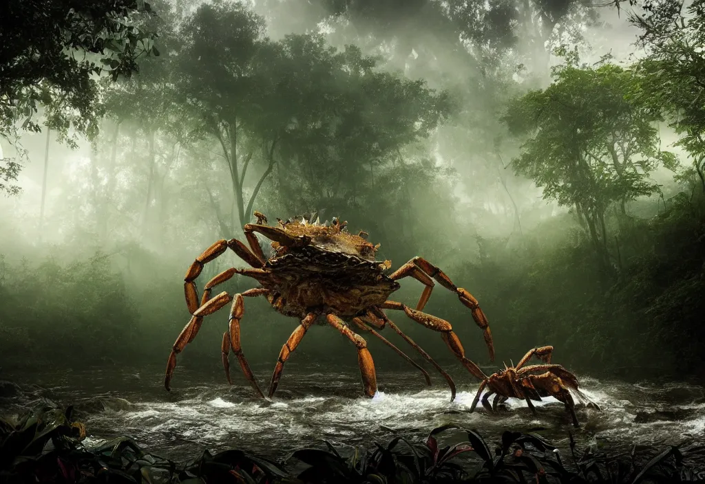 Image similar to an giant crab king emerging from the waters, in a jungle, ominous light from above, ambient light, fog, river, very poetic