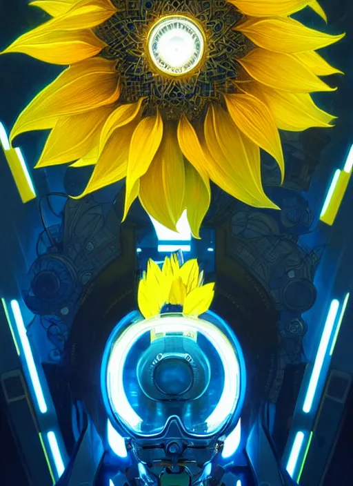 Prompt: symmetry!! portrait of a sunflower, sci - fi, tech wear, blue and yellow glowing lights!! intricate, elegant, highly detailed, digital painting, artstation, concept art, smooth, sharp focus, illustration, art by artgerm and greg rutkowski and alphonse mucha