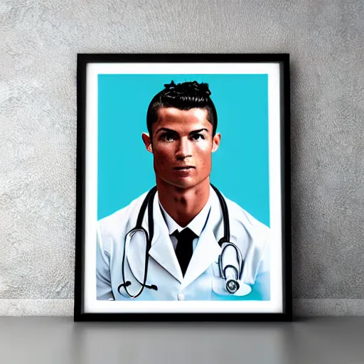 Image similar to cristiano ronaldo as doctor, accurate, 30mm, face, soft colours, dramatic lighting, nikon