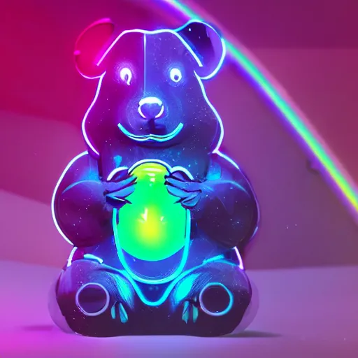 Image similar to cyberpunk hamster! holding rainbow! gem! crystal, neon lights, light reflection, 8 k, hd