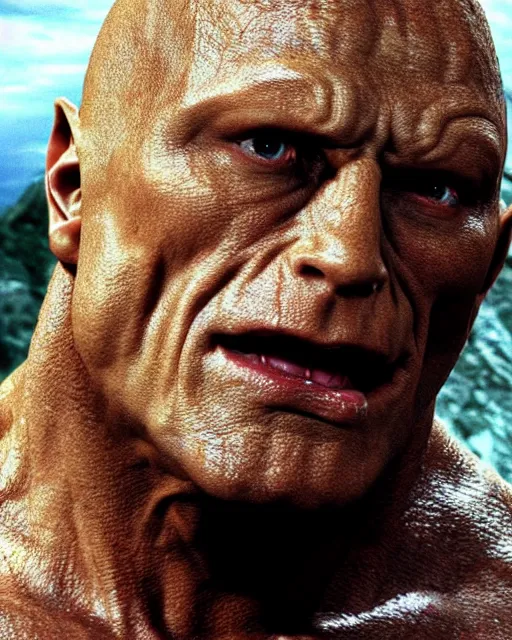 Image similar to film still close up shot of dwayne johnson as golem from the movie the lord of the rings. photographic, photography