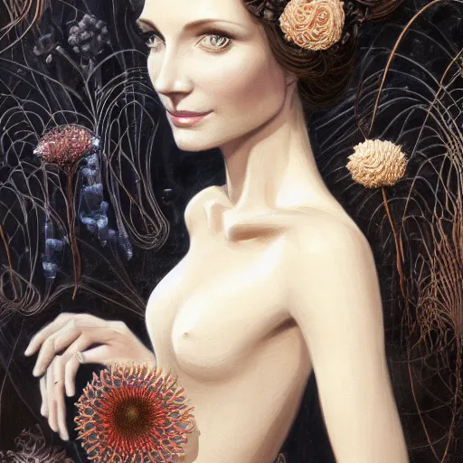 Prompt: facial portrait of a young pretty woman in flowing dress, arrogant, mysterious, long fine flowing hair, delicate, looking at camera, slightly awkward smile, realistic face, hands behind back, intricate, stylish, elegant, grimdark fantasy, flowers, extremely detailed painting inspired by Gerald Brom and Ernst Haeckel and Greg Rutkowski