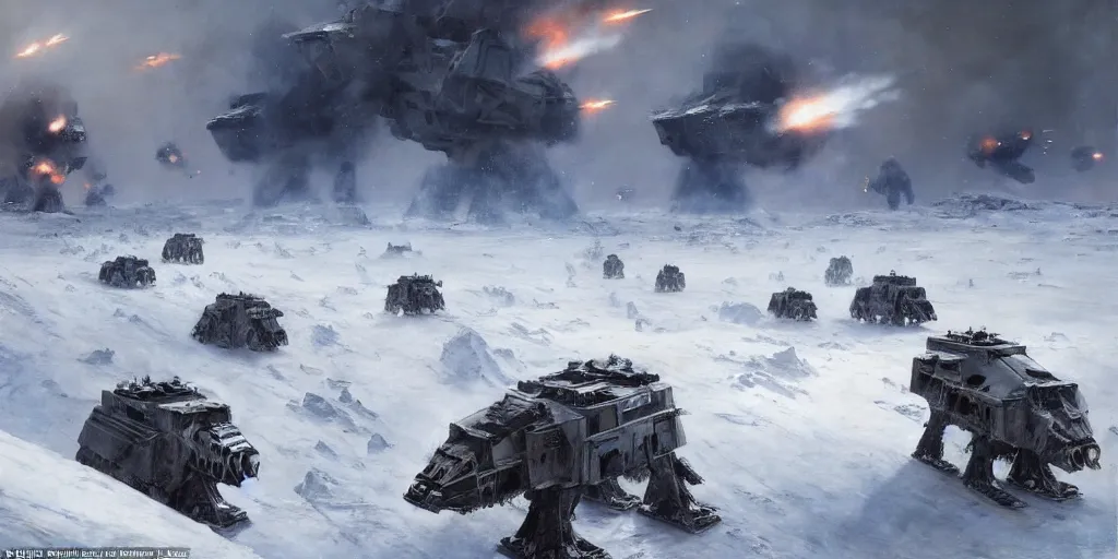 Image similar to the battle of hoth, rebel soldiers fighting enormous imperial atat walkers painted by jan matejko and greg rutkowski. oil on canvas, sharp focus, cinematic atmosphere, detailed and intricate, perfect anatomy, detailed and intricate environment and characters