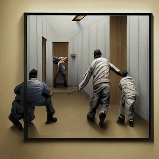 Prompt: hyperrealism painting of prisoners scheming in prison cell to escape prison while guards distracted