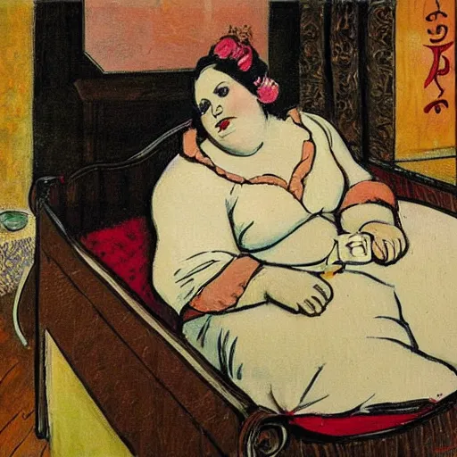 Image similar to a beautiful painting of a beautiful fat woman wearing a nightgown drinking coffee in a bed with white sheets in the style of in the style of Telous Lautrec