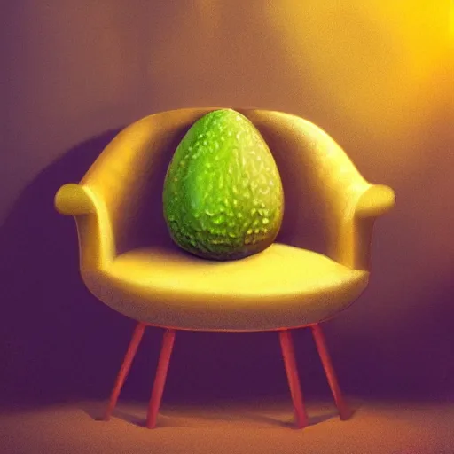 Image similar to a green avocado armchair in the center of golden ancient temple, illuminated by narrow light beam , fantasy illustration, trending on artstation, deviantart, very realistic, 4k