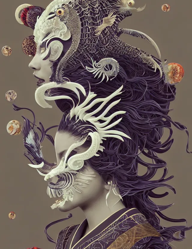 Image similar to 3 d goddess half - turn portrait with ram skull. beautiful intricately detailed japanese crow kitsune mask and clasical japanese kimono. betta fish, jellyfish phoenix, bio luminescent, plasma, ice, water, wind, creature, artwork by tooth wu and wlop and beeple and greg rutkowski