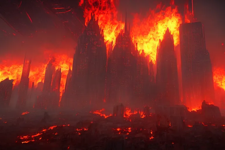 Image similar to big evil city inferno, dark fantasy, shadows, artstation trending, unreal engine 5, red