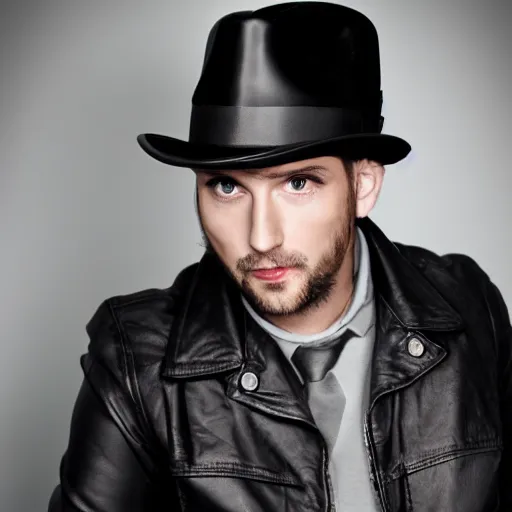 Image similar to a gentleman wearing a black leather hat, cinematic style, front view, cool looking