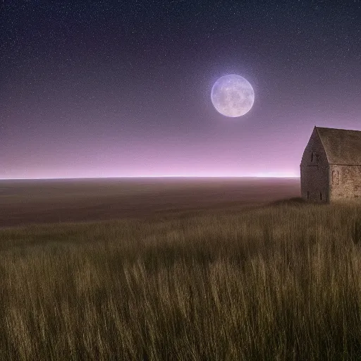 Prompt: a vast ethereal misty moor under a starry night sky, giant super moon, amethyst citrine opal, muted pastel tones, david attenborough nature documentry footage, ultra high definition, 8 k, yorkshire moors