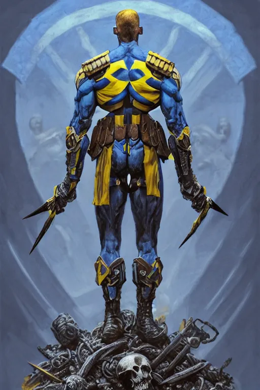 Image similar to a distant shot of a super soldier with blue and yellow flag and a trident symbol standing alone on a huge pile of skulls as a winner, masculine figure, D&D, fantasy, intricate, elegant, highly detailed, extremely detailed, digital painting, artstation, concept art, matte, smooth, sharp focus, illustration, art by Artgerm and Greg Rutkowski and Alphonse Mucha