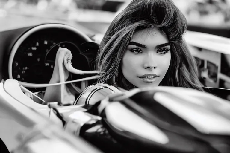 Prompt: a highly detailed, beautiful photo of a madison beer as a 1 9 7 0 s race car driver, at circuit de spa francorchamps, in the drivers seat of a formula one race car, symmetrical face, beautiful eyes, realistic, panoramic, tilt shifted camera, 4 k, award winning photo, motor sport photography,, natural lighting