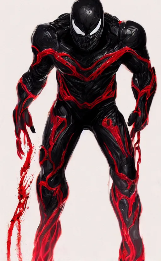 Image similar to venom in a venom inspired ironman suit, black and red, dynamic lighting, photorealistic fantasy concept art, trending on art station, stunning visuals, terrifying, creative, cinematic