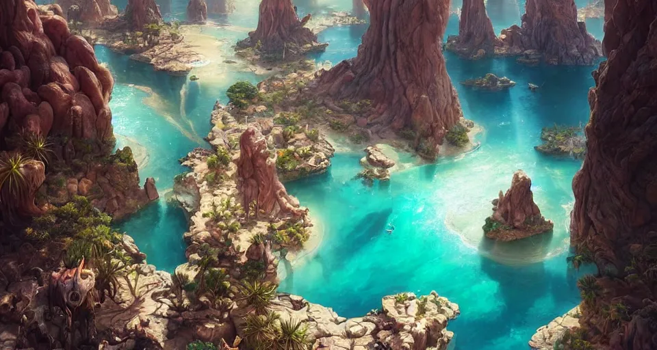 Image similar to a beautiful desert oasis!!!! with crystal clear water with a planet - sized humanoid monster!!!! looking down from the sky, by wlop and peter mohrbacher, extremely detailed shading, concept art, digital painting, trending on artstation, unreal engine 5, octane render, atmosphere, glow, cinematic lighting, full of color