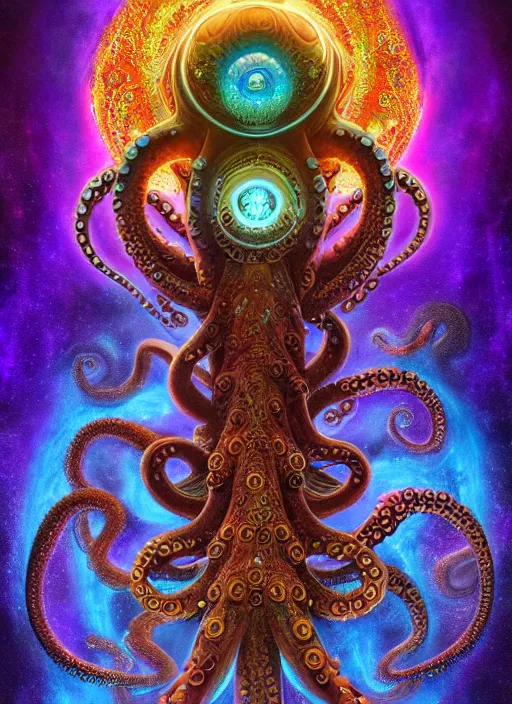 Prompt: octopus god within the whole infinite time capsule apparent with awe the apparition, an idea drips into infinite spirals, highly detailed in volumetric latent space, golden turquoise purple futuristic steampunk, galaxy mandalas mandelbrot high contrast cinematic light, mystical shadows, visionary art sharp focus, divine realm of gods, octane render, artist by boris vallejo,