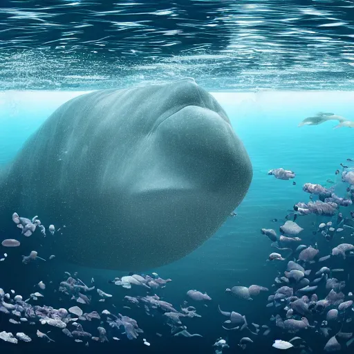 Image similar to hyperrealistic underwater photography, panoramic picture of an ocean floor with some baluga whales. focus on the whales. the whales are anatomically correct and highly detailed. lots of bubbles. seaweed and some rocks. gloomy scattered light entering from the water surface, trending on artstation, hq, 8 k