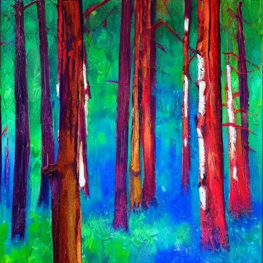 Image similar to paint drip of a forest with green, blue, red tree trunks. acrylic of canvas, impressionist painting