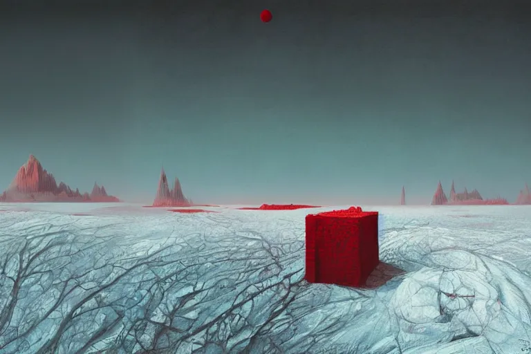 Image similar to surreal frozen landscape, painting by beeple and zdzisław beksinski, red color scheme, a matte painting by li shida, cgsociety, context art, redshift, matte painting, reimagined by industrial light and magic