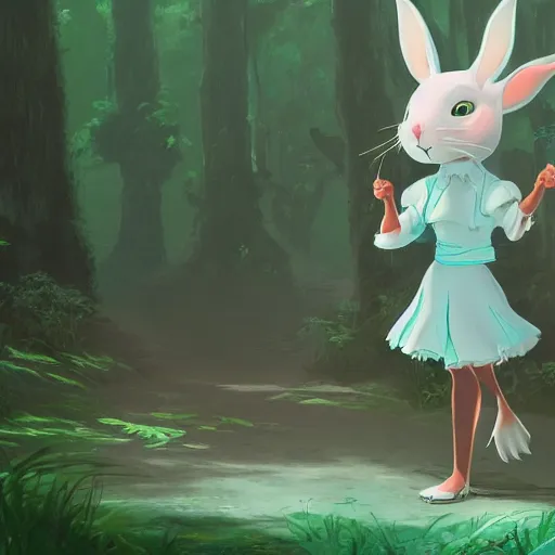 Prompt: concept art painting of an anthropomorphic white rabbit wearing a turquoise dress, in the deep forest, realistic, detailed, cel shaded, in the style of makoto shinkai and greg rutkowski and james gurney