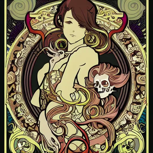 Image similar to anime manga pattern of birds and skulls spiral illustration style by Alphonse Mucha and comic pop art nouveau