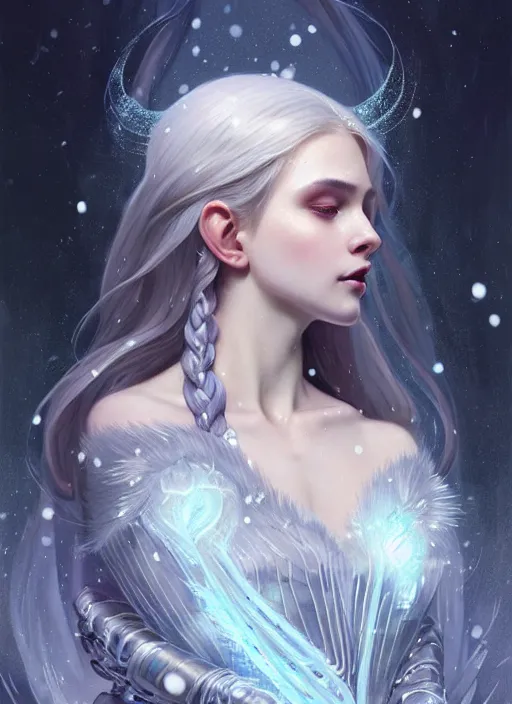 Image similar to a beautiful cinematic female winter goddess, cristal dress, ice wing, galatic shamen with quantum energy fantasy, fantasy magic, undercut hairstyle, dark light night, intricate, elegant, sharp focus, illustration, highly detailed, digital painting, concept art, matte, art by wlop and artgerm and greg rutkowski and alphonse mucha, masterpiece