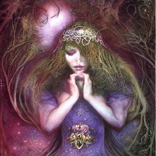 Image similar to queen of the dreamlands, misty night, beautiful! coherent! by brian froud, deep colors, strong lines, high contrast