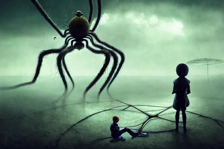 Image similar to realistic detailed photorealistic film portrait shot of a ghost kid playing with giant spider, futuristic sci-fi landscape on background by Denis Villeneuve, Amano, Yves Tanguy, Alphonse Mucha, Ernst Haeckel, Max Ernst, Andrei Tarkovsky, Edward Robert Hughes, Roger Dean, necklace, dynamic pose, rich moody colours, wide angle, blue eyes