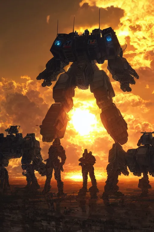 Image similar to A real photo of one big Mechwarrior in battle, a sunset in the distance, by Josan Gonzalez, Yoji Shinkawa and Geof Darrow, highly detailed, Unreal Engine Render, Neon lights, 3D, 8k wallpaper, uplight