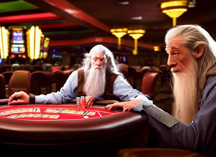 Prompt: film still of gandalf gambling in a casino in new comedy movie, 8 k