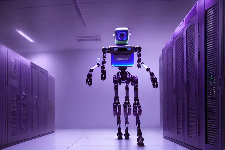 Image similar to hyperrealistic medium shot robot! in data center server highly detailed concept art eric zener elson peter cinematic hard purple lighting high angle hd 8 k sharp shallow depth of field, inspired by denis villeneuve and zdzisław beksinski