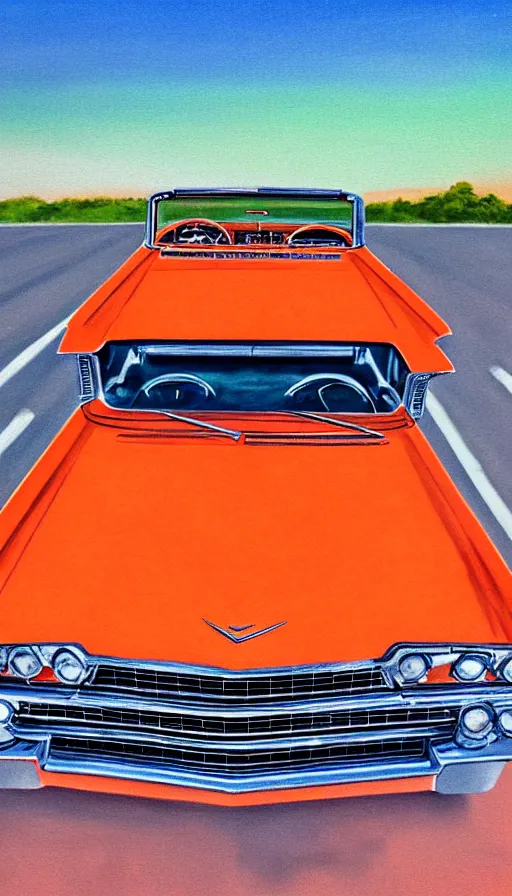 Prompt: far away, top down shot, 1 9 6 3 cadillac convertible driving down empty highway into a bright orange sunrise, water painting, high detail