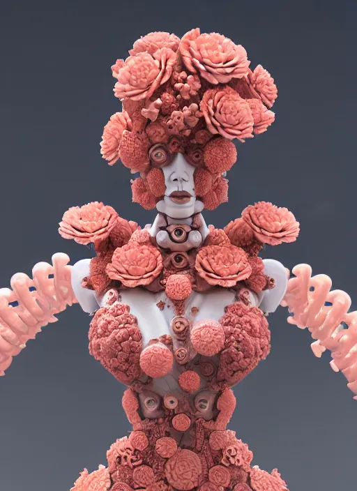 Prompt: biomechanical mannequin carrying perfume enchanted coral kingdom made of corals, daisies, roses in an ivory room well contoured smooth fair walls, up close shot, sharp focus, global illumination, radiant light, alexandre ferra white mecha, irakli nadar, octane highly render, 4 k, ultra hd,