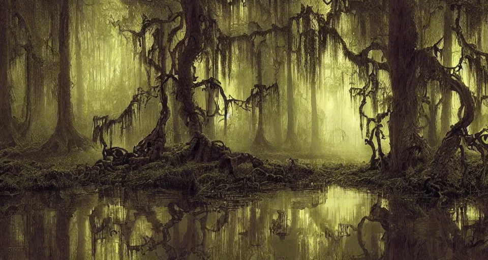 Image similar to A dense and dark enchanted forest with a swamp, by James Gurney