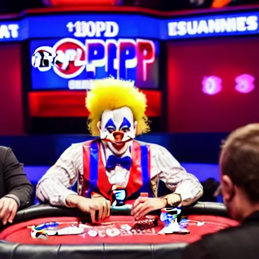 Image similar to world series of poker, a clown is at the final table, espn coverage, screenshot,