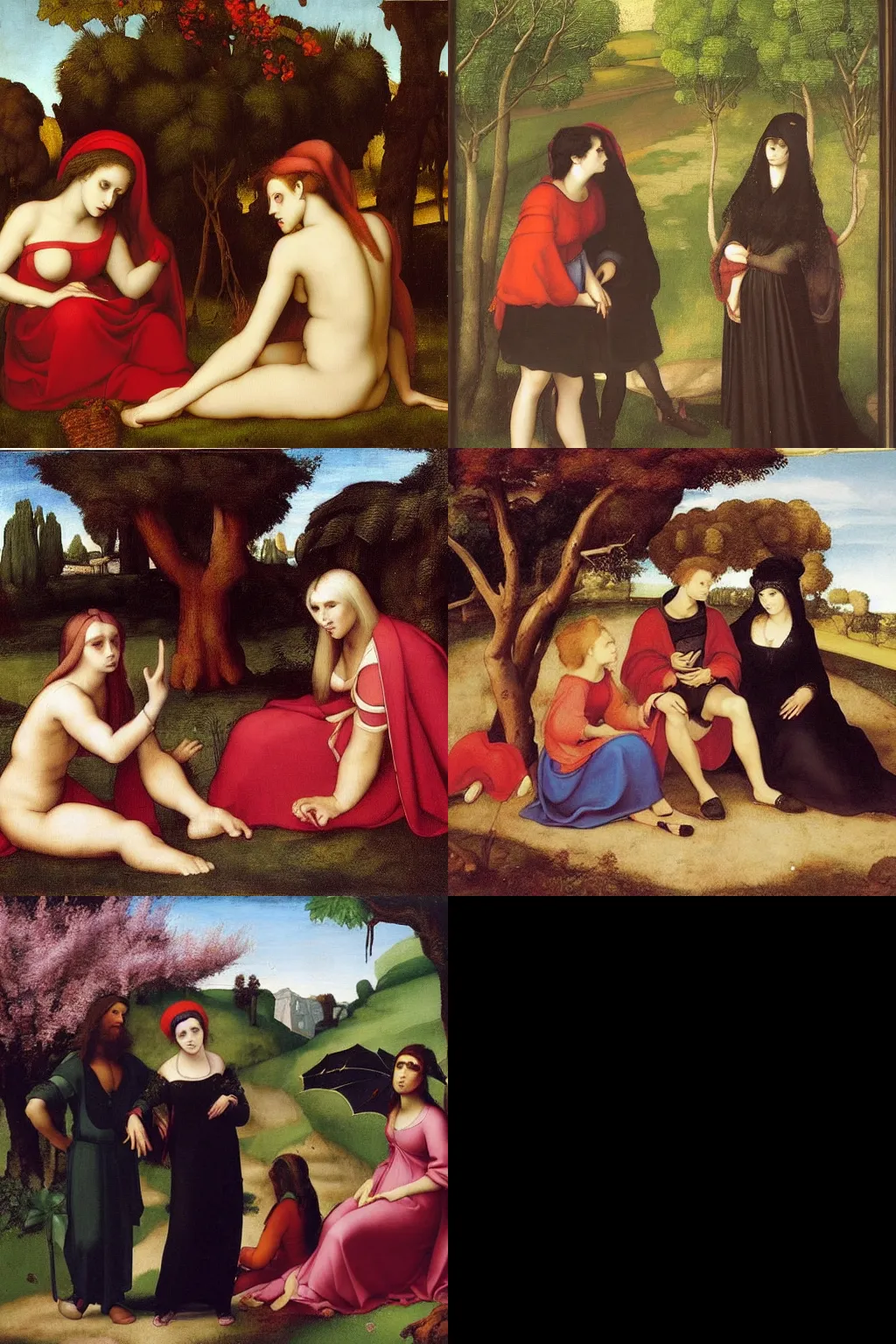 Prompt: an hd painting by raphael. three goths loitering in the shade, talking beneath a cherry tree outside a blockbuster video store.