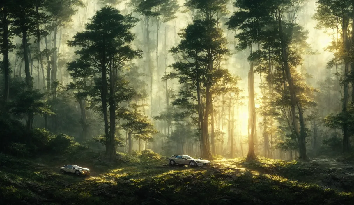 Prompt: detailed intricate digital landscape illustration by greg rutkowski and artgerm and wlop and sanford robinson gifford ; 1 9 8 8 vehicle, glowing headlights, yggdrasil forest thick trees ; 1 3 mm film still, wide angle arri alfa anamorphic lens, motion blur ; sharp focus, soft evening lighting with gleaming sun rays ; trending on artstation 4 k