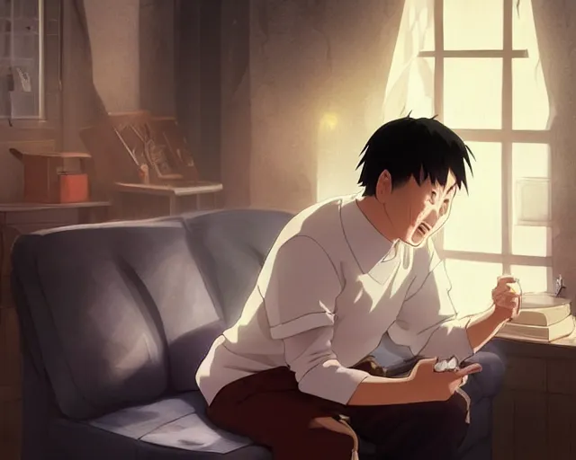 Image similar to a 50 year old brunnete happy chinese man with puffy cheeks sitting on a couch at home and talking on the phone, close up shot, anime art, Greg Rutkowski, studio ghibli, dramatic lighting