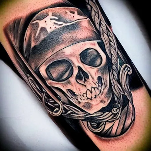 Image similar to realism tattoo design of a pirate ship, by Matteo Pasqualin tattoo artist