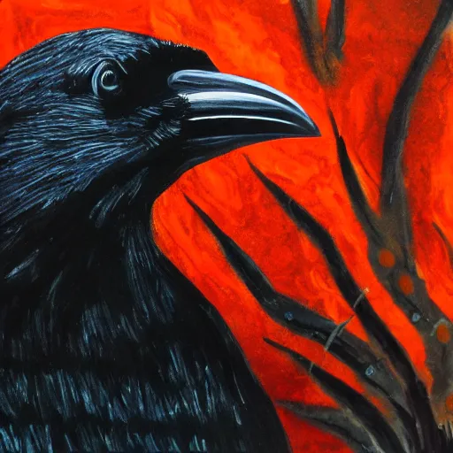 Prompt: a crow completely on fire, in a dark cave, detailed acrylic painting, 4 k