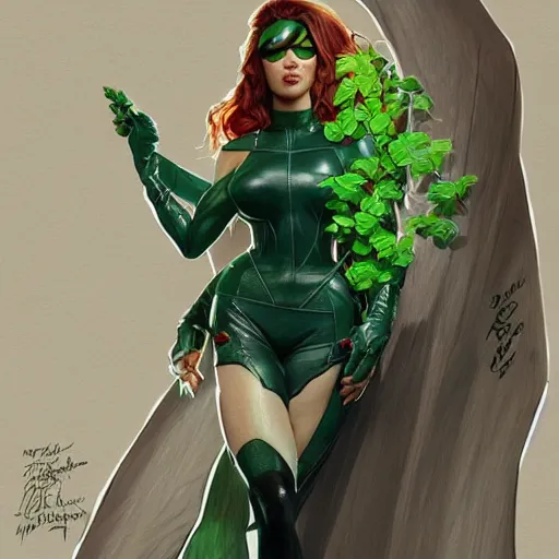 Image similar to full figure ultra realistic illustration, poison ivy from dc comics wearing a bomber jacket, highly detailed, digital painting, artstation, concept art, smooth, sharp focus, illustration, art by artgerm and greg rutkowski and alphonse mucha